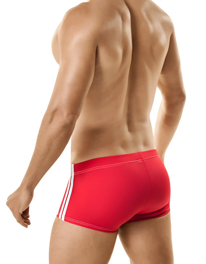 Red athletic briefs with white side stripes featuring ball lifter cock-ring for sport swim use by wildmant