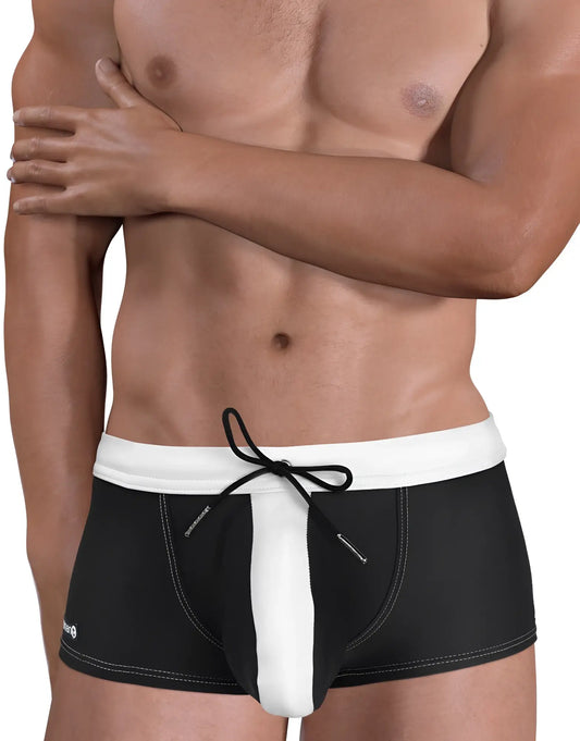 Moby Big Boy square-cut swim trunks in black with a white waistband, center stripe, and black drawstring.