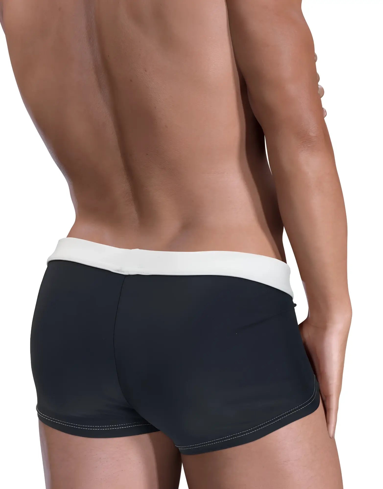 Moby Big Boy square-cut swim trunks in black with a contrasting white waistband and white accent stitching.