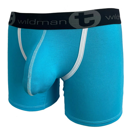 Bright blue WildmanT modal big boy pouch boxer briefs with black waistband logo and white seam stitching