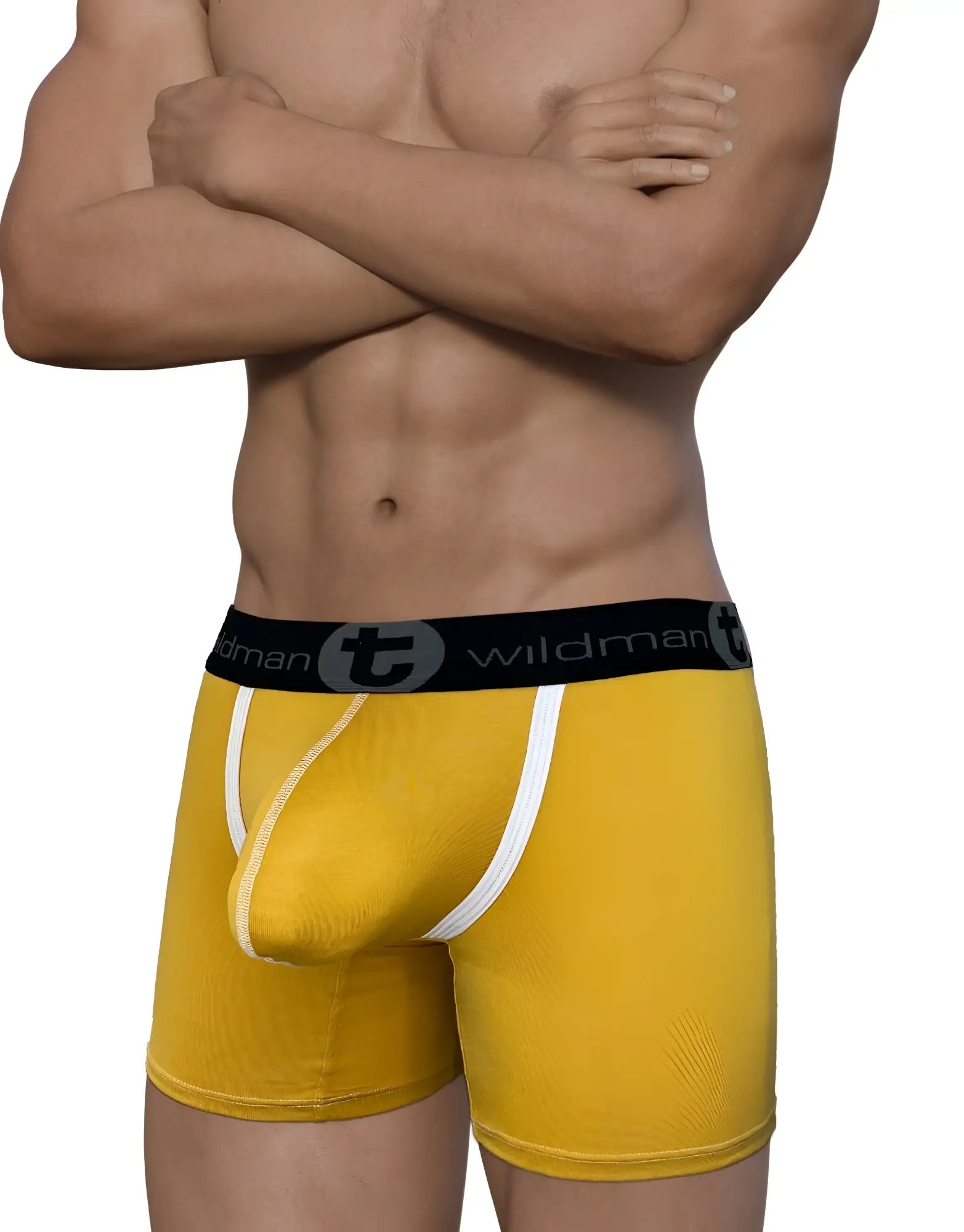 WildmanT modal big boy pouch boxer briefs in gold with white trim and black waistband featuring wildman logo