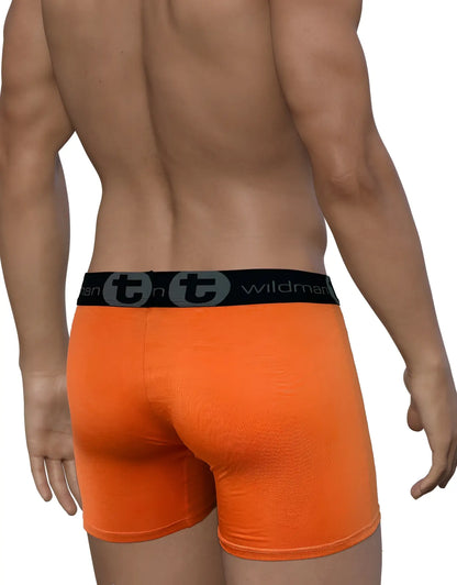 Orange wildmant modal big boy pouch boxer briefs with 5 inch inseam and black waistband featuring stylized t logo