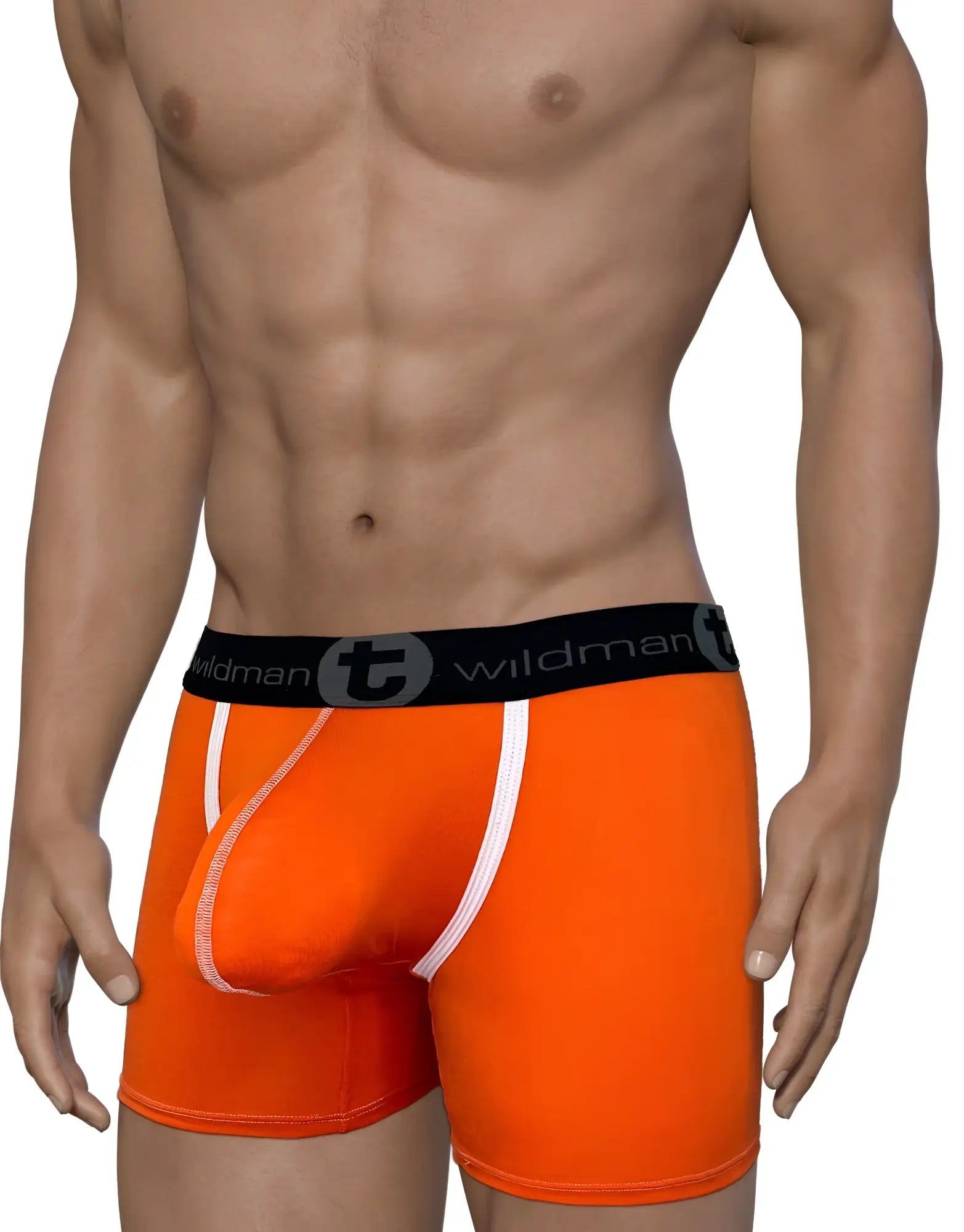 Bright orange wildmanT modal men’s boxer briefs with white trim and black waistband featuring wildman logo