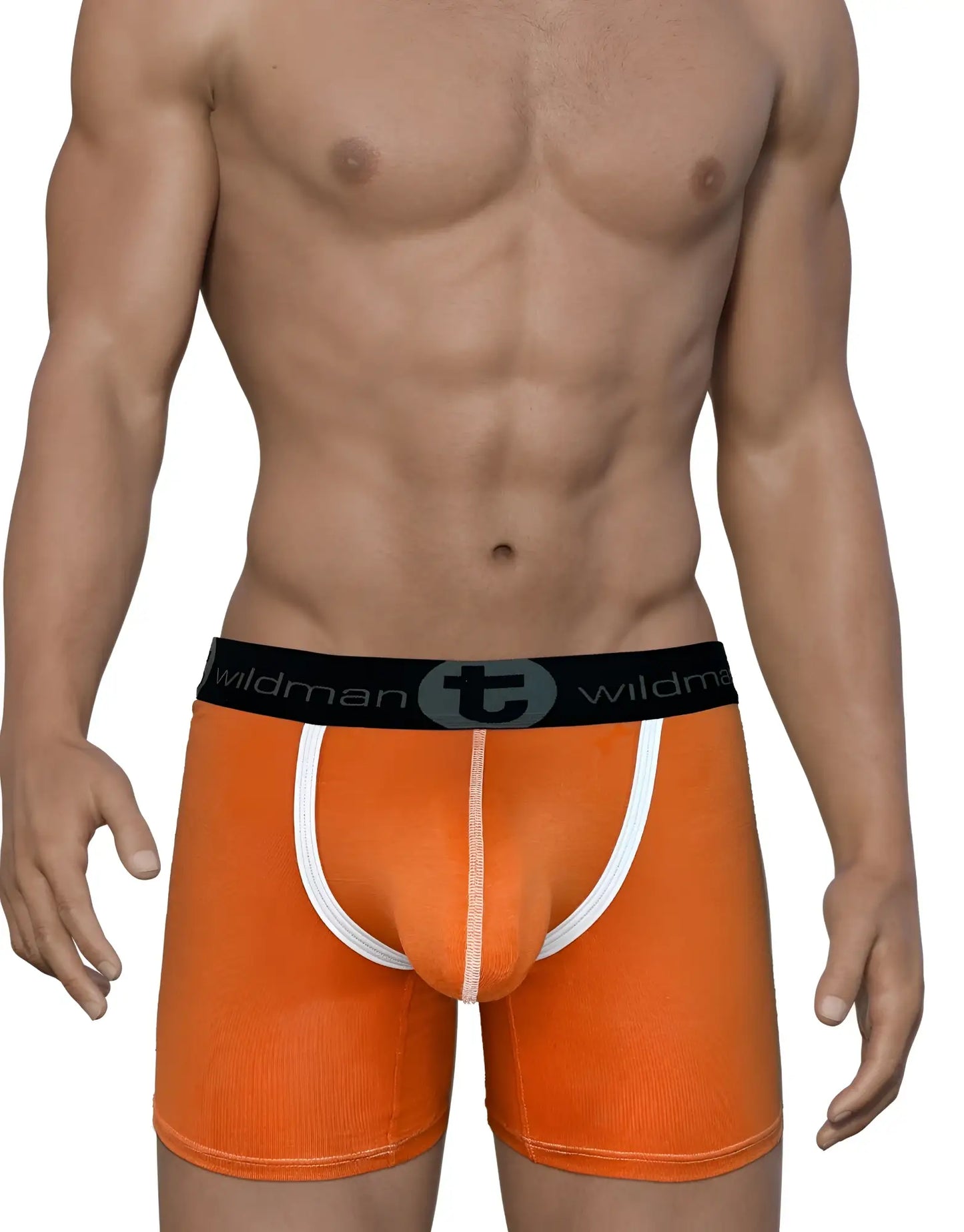 Orange ribbed modal boxer briefs with white trim and black waistband featuring wildman logo and 5 inch inseam