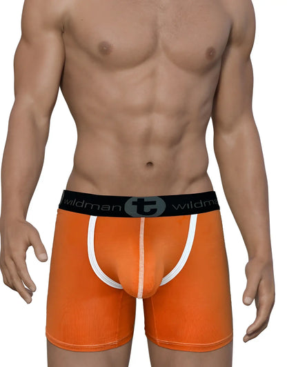 Orange ribbed modal boxer briefs with white trim and black waistband featuring wildman logo and 5 inch inseam