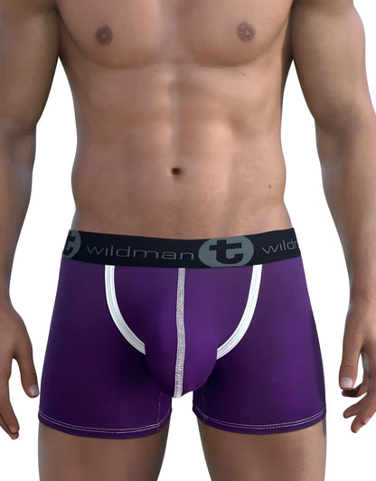 Purple wildman modal big boy pouch boxer briefs with white trim and black waistband featuring wildman logo