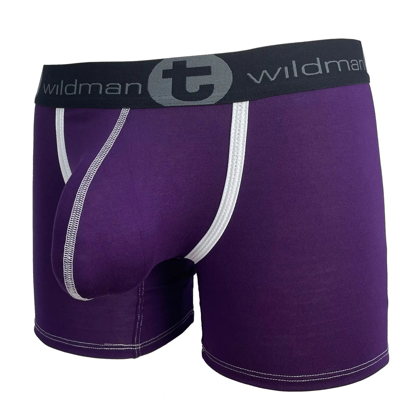 Purple wildman modal big boy pouch boxer briefs with 5 inch inseam white stitching and black waistband with t logo