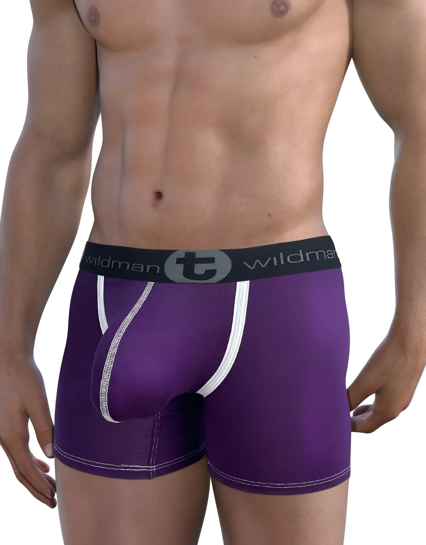 Wildmant modal big boy pouch 5 inch inseam boxer brief in purple with white trim and black waistband with logo
