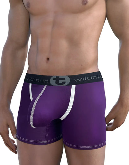 Wildmant modal big boy pouch 5 inch inseam boxer brief in purple with white trim and black waistband with logo