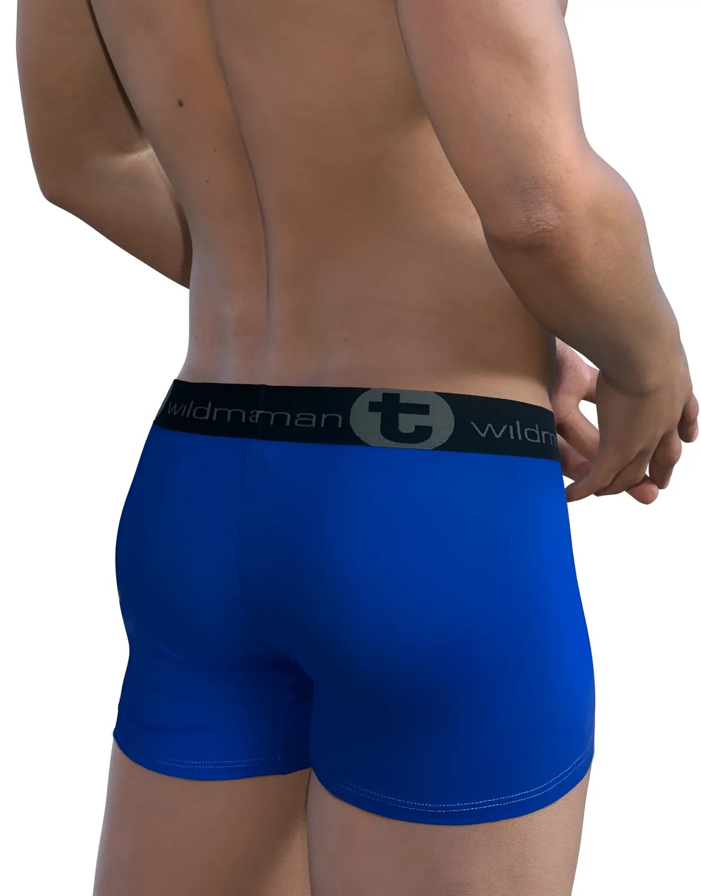 Blue wildman modal big boy pouch boxer briefs with 5 inch inseam and black waistband featuring brand logo