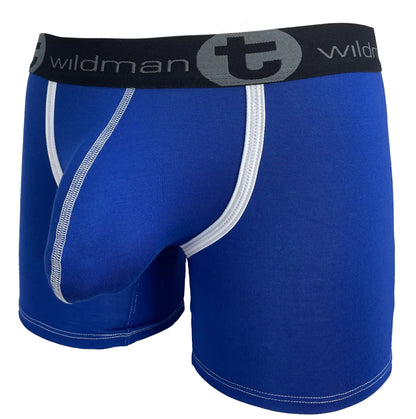 Royal blue wildmanT modal big boy pouch boxer briefs with white stitching and black waistband featuring brand logo