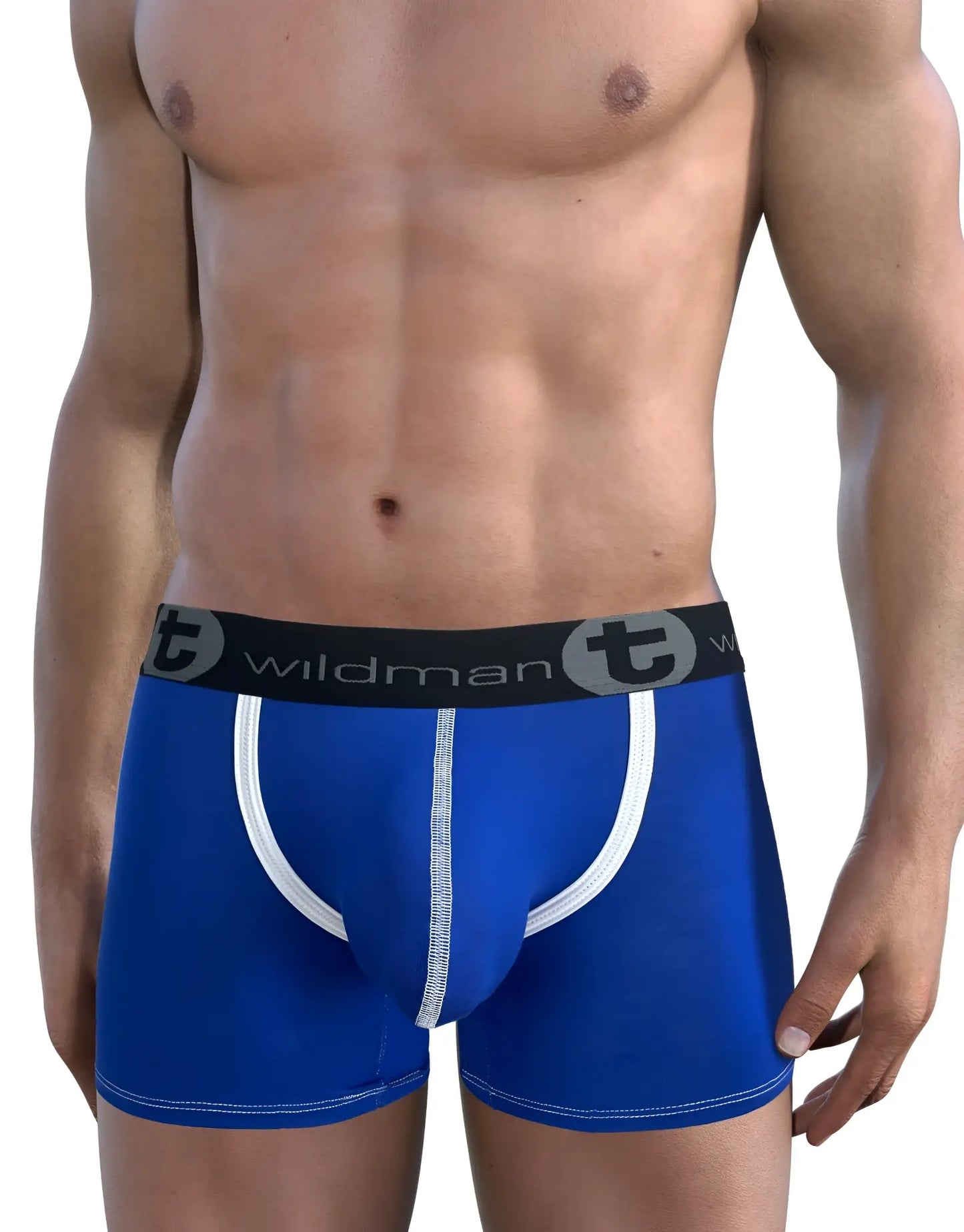WildmanT modal royal blue boxer briefs with white trim and black waistband featuring brand logo and 5 inch inseam pouch