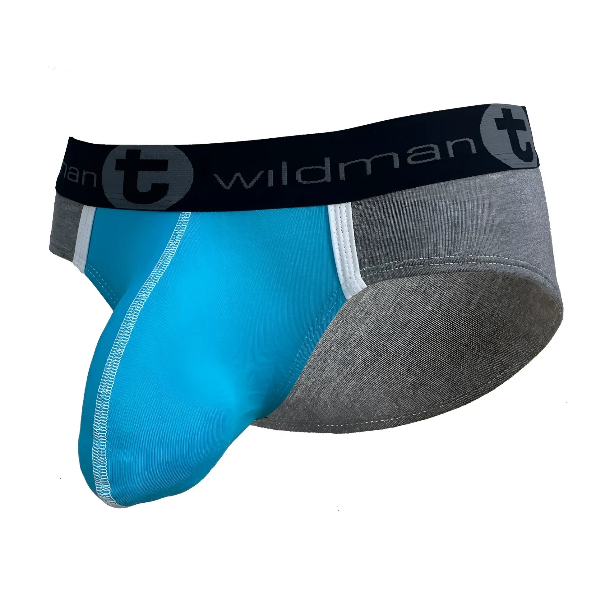 Wildmant modal big boy pouch brief in baby blue and gray with black waistband featuring wildman logo