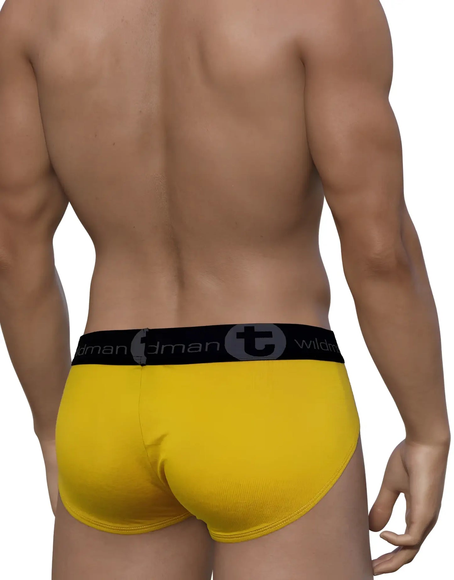 Bright yellow wildmant modal big boy pouch brief with black waistband featuring t and wildman branding