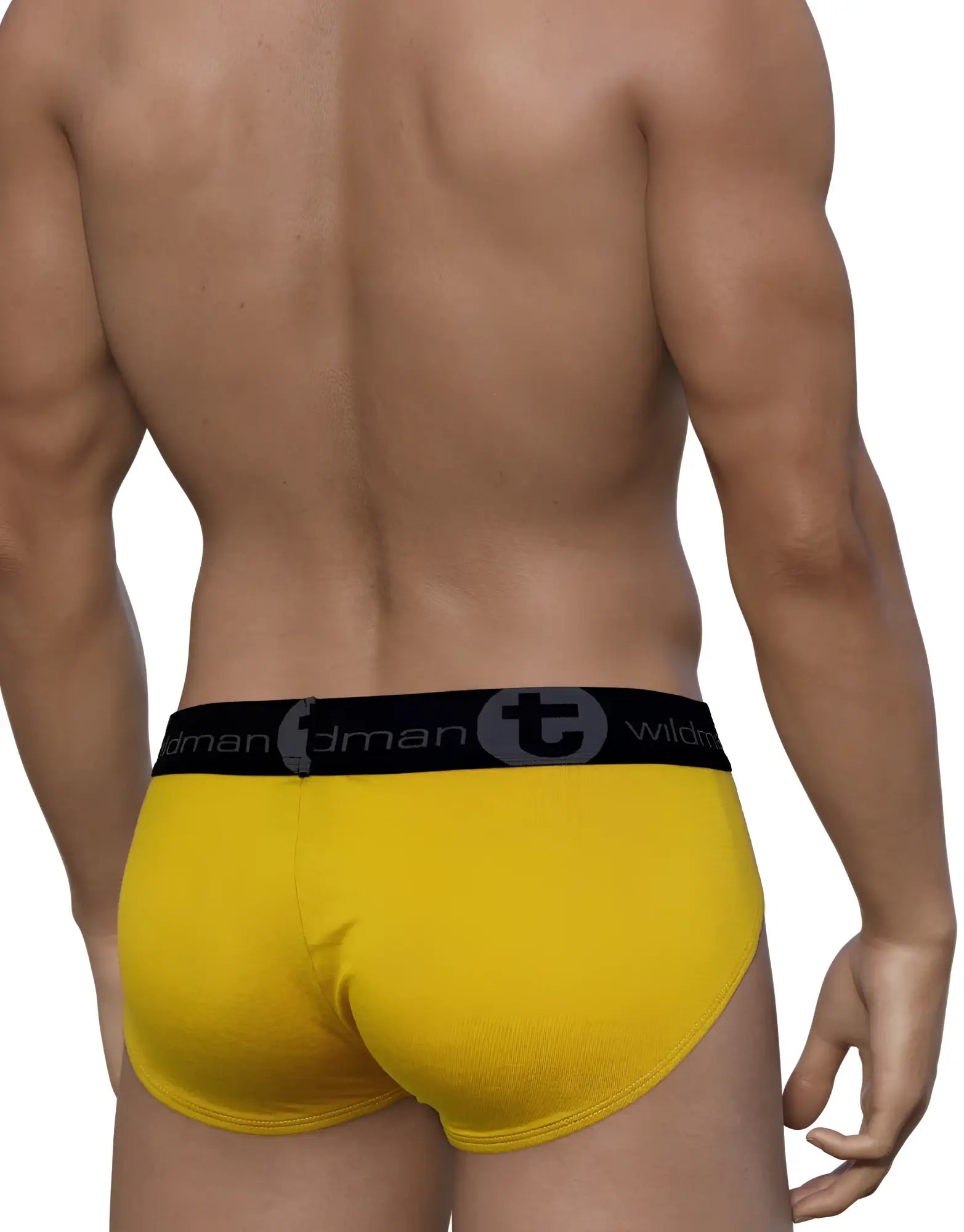 Bright yellow wildmant modal big boy pouch brief with black waistband featuring t and wildman branding