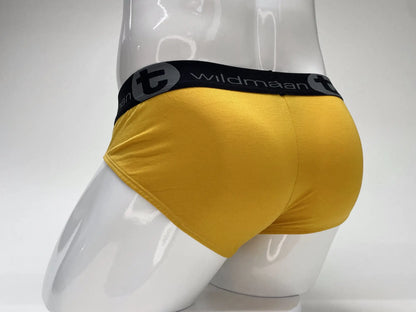 WildmanT modal big boy pouch brief gold yellow with black elastic waistband featuring wildman brand name and logo