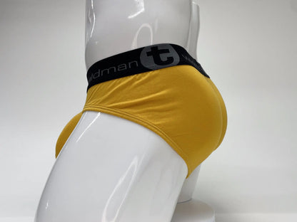 Wildmant modal big boy pouch brief gold in yellow with black elastic waistband featuring t logo and brand name