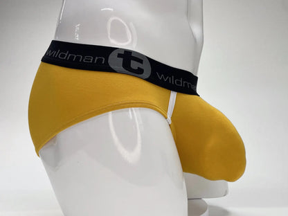 WildmanT modal big boy pouch brief gold yellow with black waistband and gray wildman logo lettering