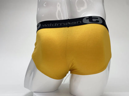 Yellow wildman modal big boy pouch brief with black elastic waistband featuring wildman brand logo in gold color