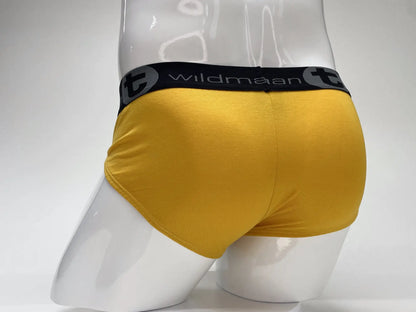 Yellow wildmanT modal big boy pouch brief with black waistband and wildman logo in gold color front view