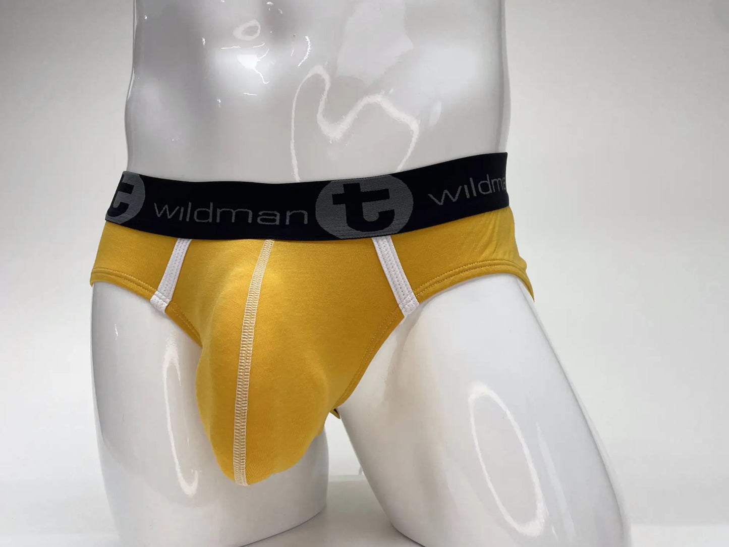 Yellow wildman modal big boy pouch brief with black waistband and gray logo for comfortable daily wear