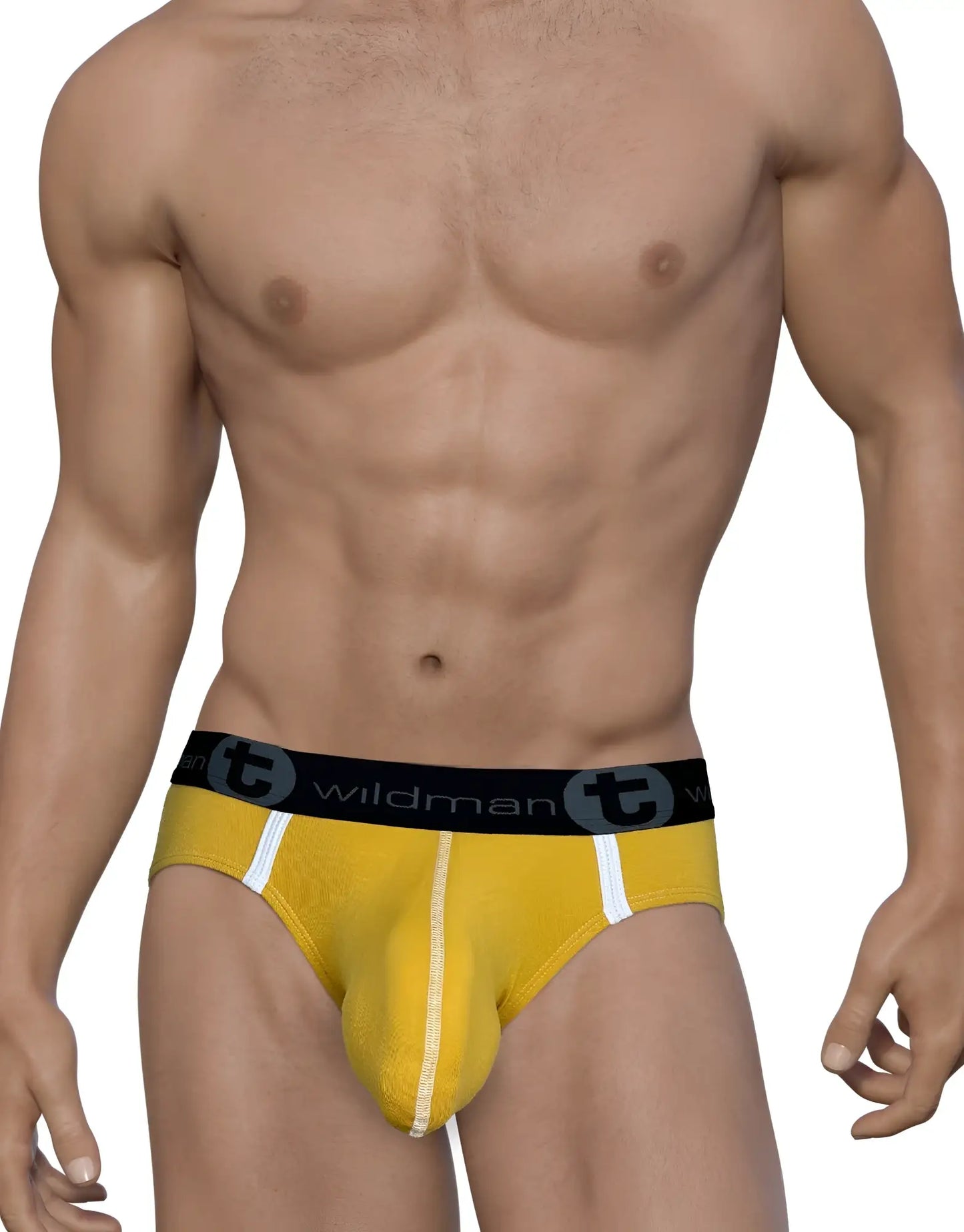 Yellow wildmanT modal big boy pouch brief with black waistband and white side stripes in gold color