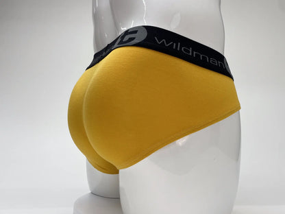 Wildman modal big boy pouch brief gold in yellow with black elastic waistband and wildman logo in white lettering