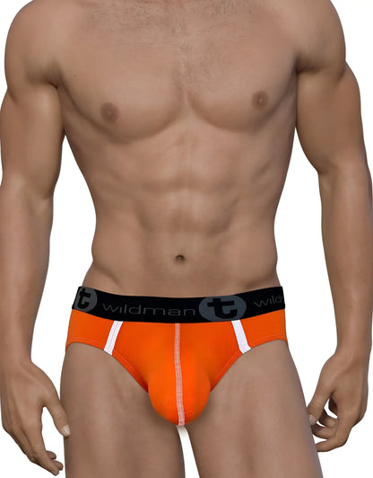 WildmanT modal big boy pouch brief in orange with black waistband wildman branding and white side stripes