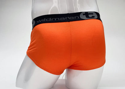 Wildmant modal big boy pouch brief in bright orange with black elastic waistband featuring wildmanan logo