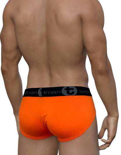 Wildmant modal big boy pouch brief orange with bright orange fabric and black waistband featuring t logo and text