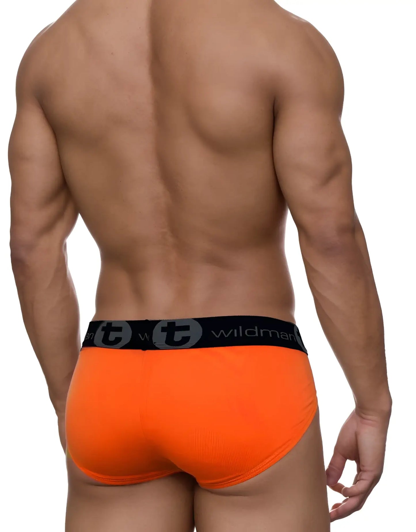Back view of a muscular man wearing bright orange WildmanT modal pouch briefs with a black branded waistband.