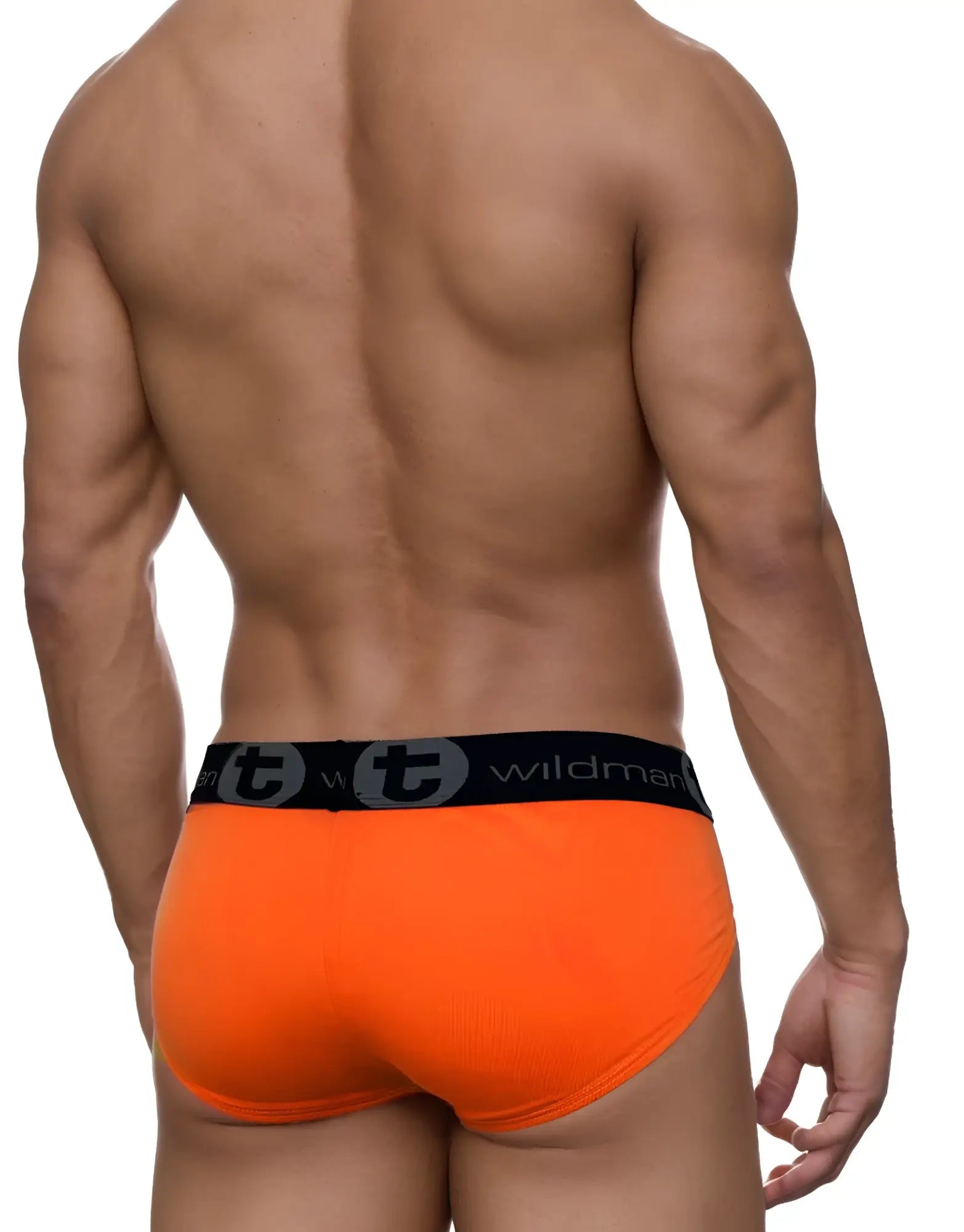 Back view of a muscular man wearing bright orange WildmanT modal pouch briefs with a black branded waistband.