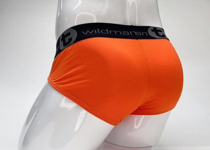 Bright orange wildmanT modal big boy pouch brief with black elastic waistband featuring wildmaran logo