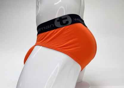 Bright orange wildmant modal big boy pouch briefs with black elastic waistband featuring t logo and brand name