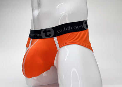 Bright orange wildmanT modal big boy pouch brief with black elastic waistband and stylized t emblem