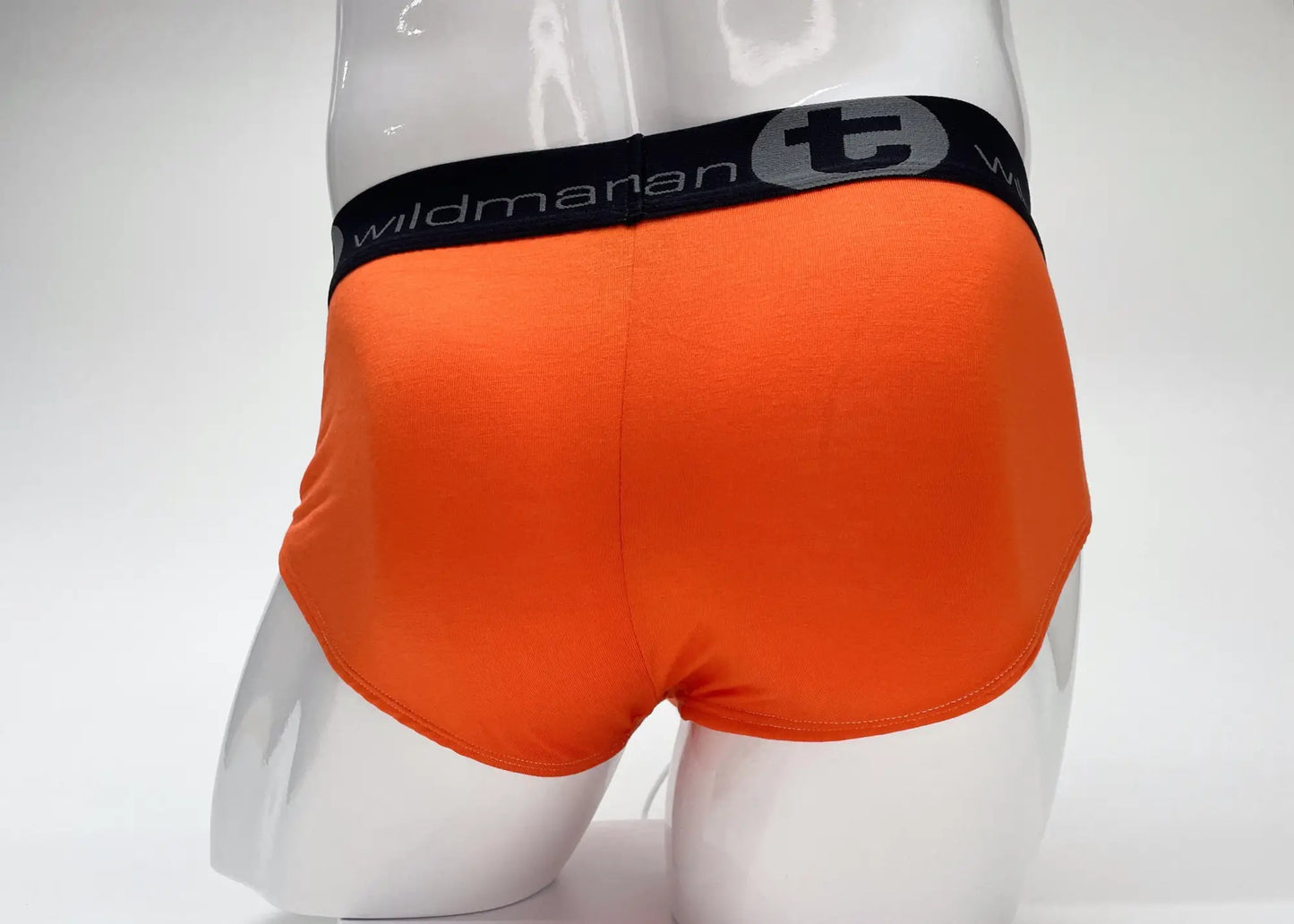 WildmanT modal big boy pouch brief orange men’s bright orange briefs with black waistband and gray wildman logo lettering
