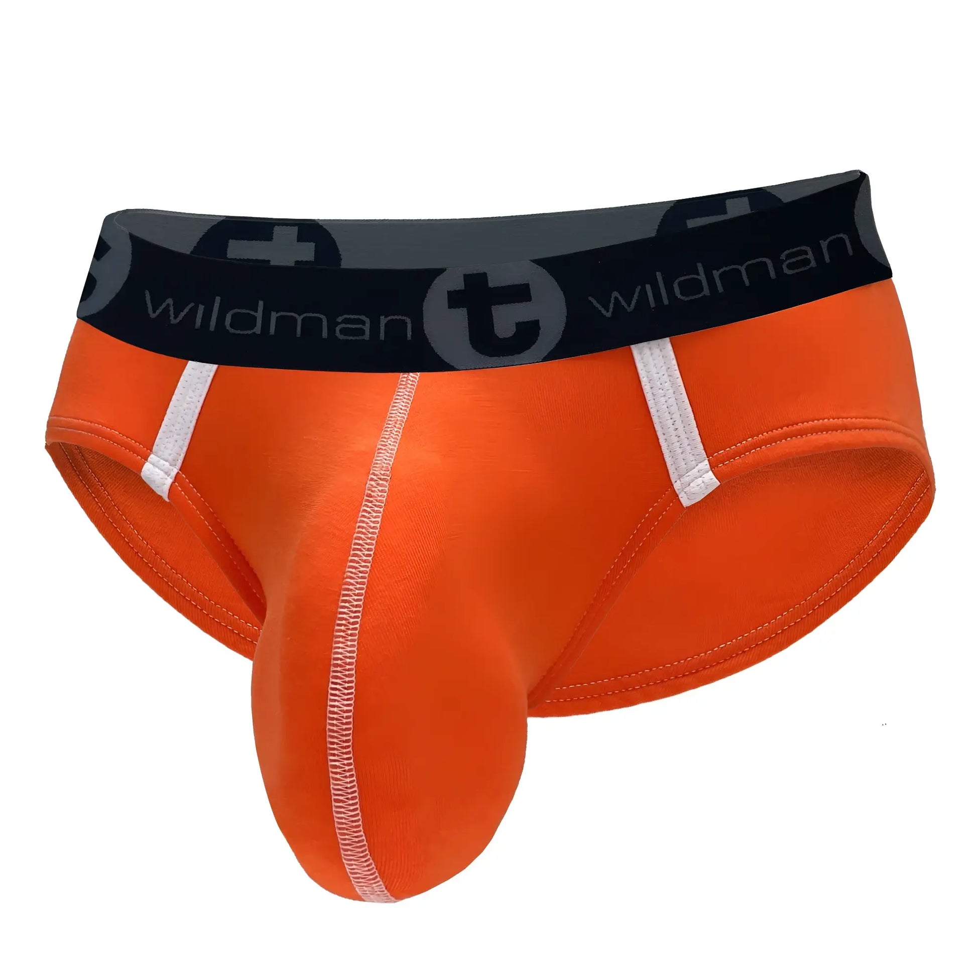 Bright orange modal pouch brief with white contrast stitching, side panels, and a black Wildman logo waistband.