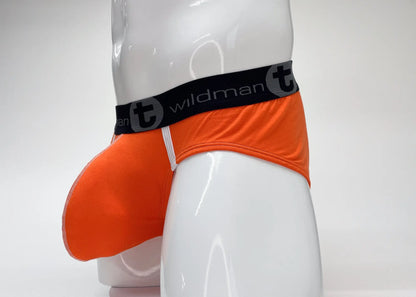 Wildmant modal big boy pouch brief in orange with black waistband featuring t logo and text in front view