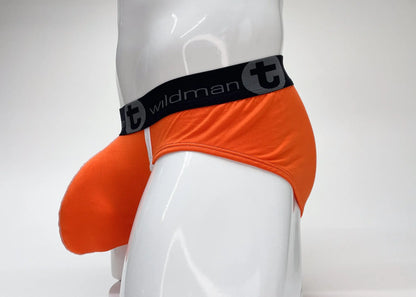 Orange wildman men’s modal big boy pouch briefs with black elastic waistband featuring the t logo and text