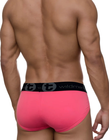 A muscular man seen from behind wearing pink Modal Big Boy Pouch briefs with a black WildmanT branded waistband.