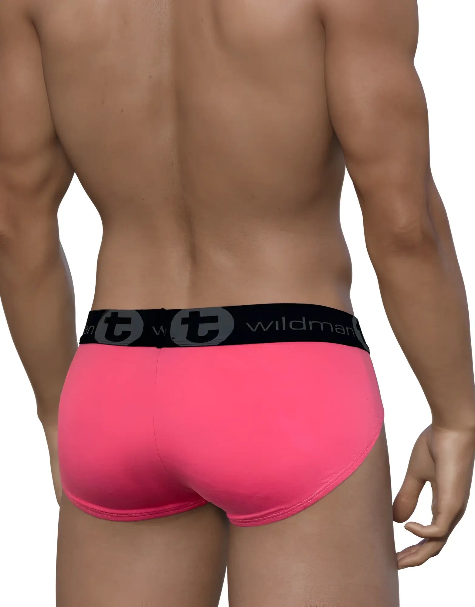 Bright pink wildman modal big boy pouch brief with black elastic waistband and wildman brand logo