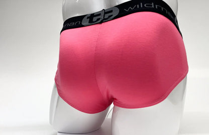 Bright pink wildmant modal big boy pouch brief with black elastic waistband and wildman brand logo