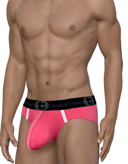 Bright pink wildmanT modal men’s briefs with black waistband, white side stripes, and big boy pouch for comfort