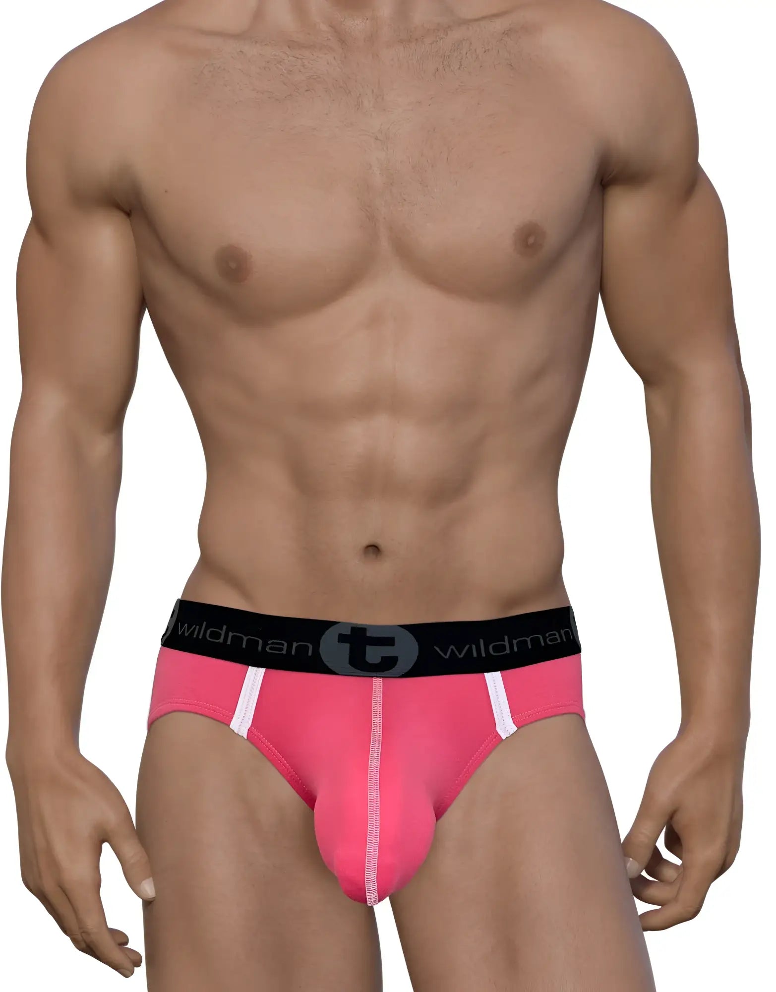 WildmanT modal big boy pouch brief pink men’s bright pink briefs with black waistband and white side stripes