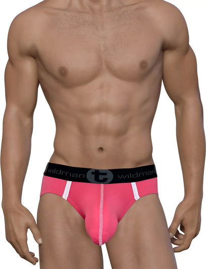 WildmanT modal big boy pouch brief pink men’s bright pink briefs with black waistband and white side stripes