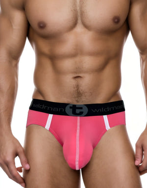 Pink WildmanT modal pouch briefs featuring a black waistband with a T logo and white vertical piping accents.