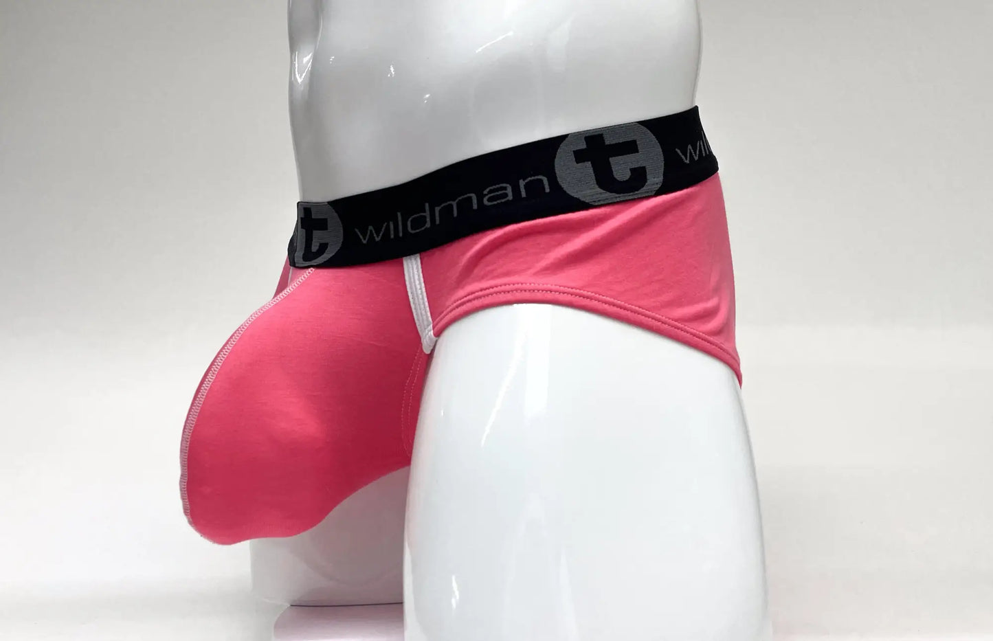 Wildmant modal big boy pouch brief in pink with black elastic waistband featuring t logo and text