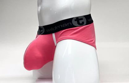 Wildmant modal big boy pouch brief in pink with black elastic waistband featuring t logo and text