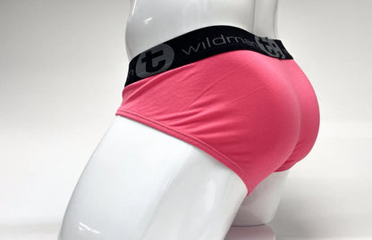 Wildmant modal big boy pouch brief in pink with black elastic waistband featuring wildman logo and stylized t emblem