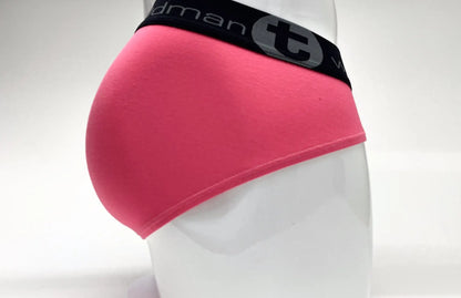 Pink wildmanT modal big boy pouch briefs with black elastic waistband featuring the t logo and brand name